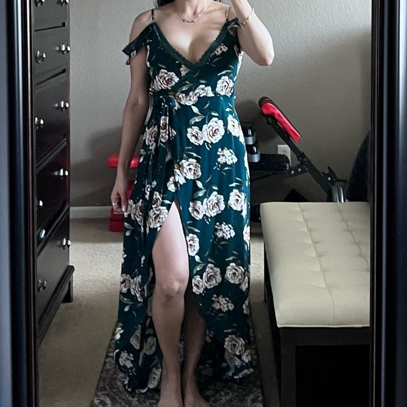 Forever 21 Dress Women Small Wrap Slit Front Teal Cream Floral Hi Lo Maxi B17 - Picture 1 of 13